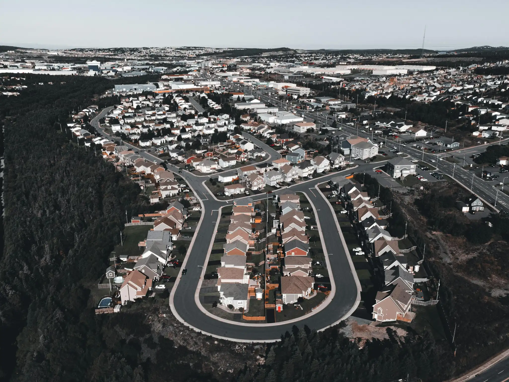Aerial view of suburban housing development